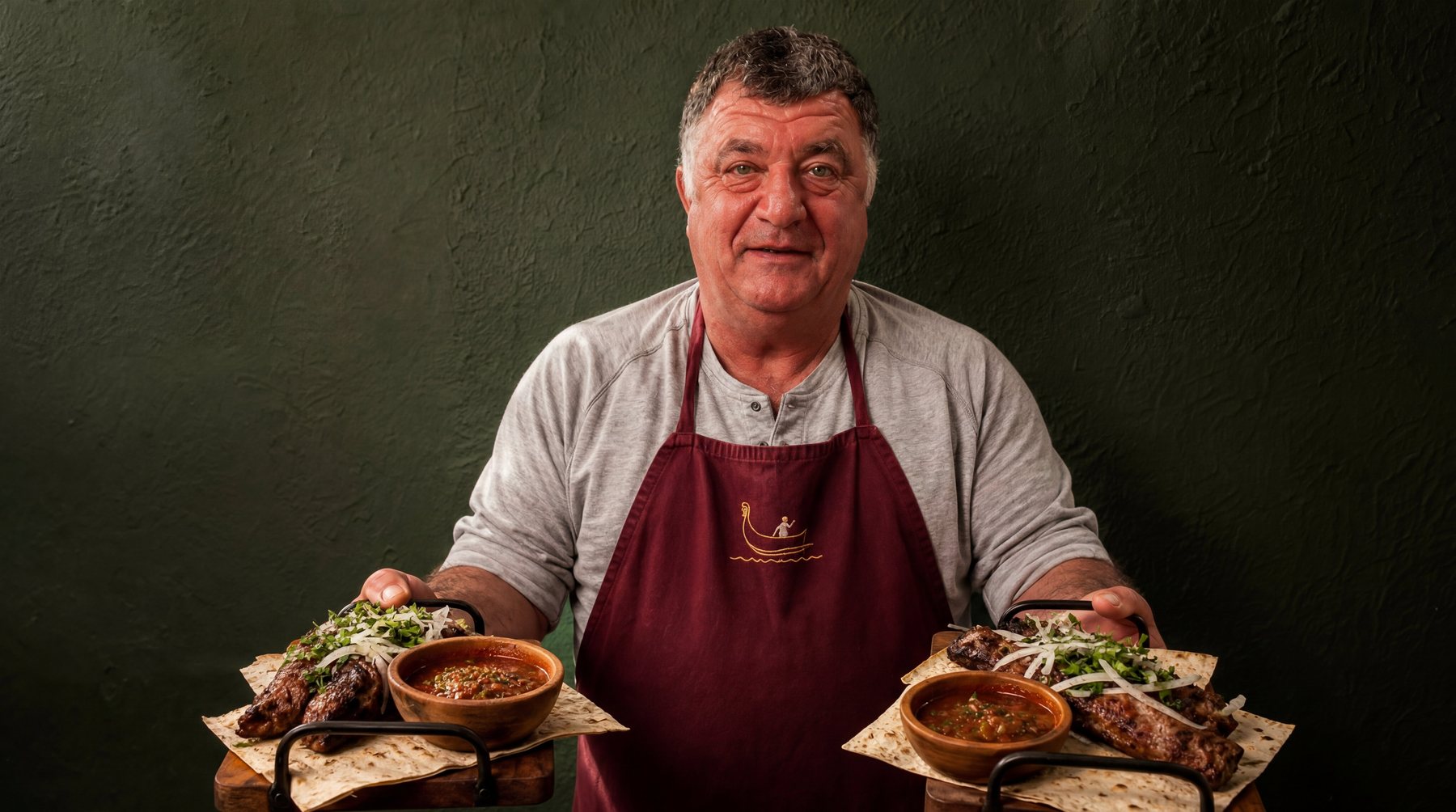 Koba presenting two boards of Georgian food