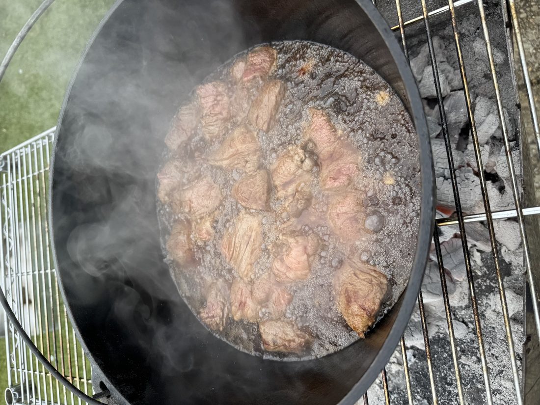 Beef braising in the cauldron